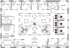an office floor plan with several tables and chairs