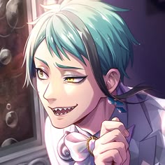 an anime character with blue hair and green eyes