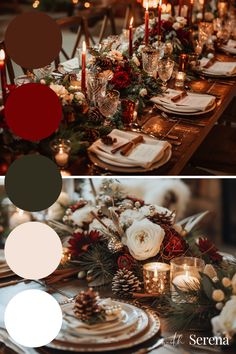the table is set with candles, plates and napkins for christmas dinner guests to enjoy