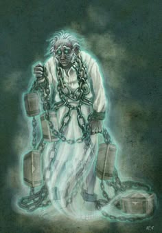 a drawing of a man with chains around his ankles