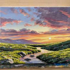 an oil painting of a sunset over a river