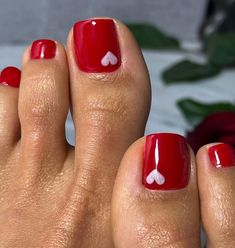 Red Tonails, Toe Nail Heart Design, Gel Nails For Toes, Red And Pink Toe Nails, Valentines Toes Ideas, Red Pedicures, Toe Nail Designs Valentines Day, Valentine Day Toe Nails, Red Nails Feet