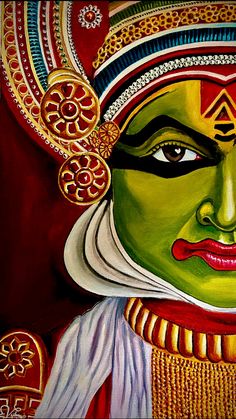 an oil painting of a woman's face painted in green and red colors with gold accents