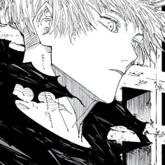 an anime character with long hair and eyes looking at something in front of his face