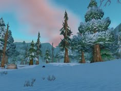 a snowy landscape with trees and snow covered ground