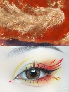 Phoenix Eyes, Fire Inspired Makeup, Chinese New Year Eye Makeup, Phoenix Makeup Look, Rengoku Makeup Inspired, Japanese Fox Makeup, Fox Cosplay Makeup, Phoenix Eye Makeup, Chinese Dragon Makeup