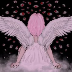 an angel with pink hair and white wings sitting in front of a black background filled with red eyes