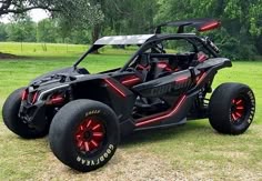 a black and red dune buggy parked in the grass
