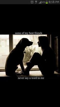 a person sitting next to a dog with a quote on the back ground that says, some of my best friends never say a word to me