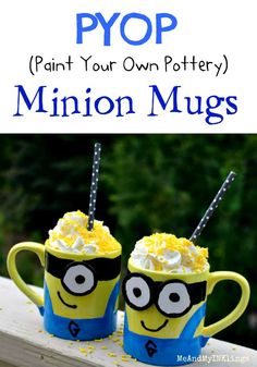 two mugs with whipped cream in them and the words pyop paint your own pottery