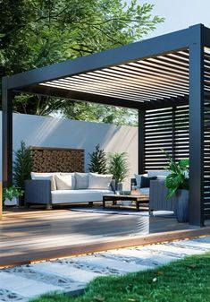 an outdoor living area with couches, chairs and a pergolated patio cover