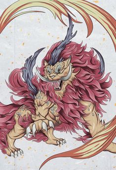 a drawing of a dragon with red hair and horns on it's back legs