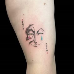 a close up of a person's leg with a tattoo on the left side