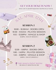 an advertisement for the event with different items in pink, white and purple colors on it