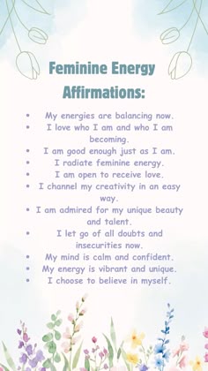 #femininebeauty #femininity #femininehealth #affirmations Positive Affirmations For Feminine Energy, Femininity Affirmations, Menstrual Affirmations, Feminine Affirmations For Women, Divine Feminine Healing, Feminine Energy Affirmations Quotes, Feminine Beauty Affirmations, Feminine Affirmations, Feminine Energy Quotes
