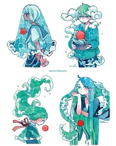 four different images of anime characters with green hair and blue clothes, one is holding an apple