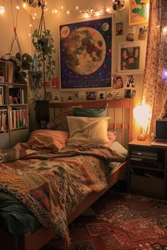 a bed room with a neatly made bed and lots of decorations on the wall above it