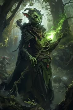 an illustration of a creature in the woods with green light coming from his hands and glowing eyes