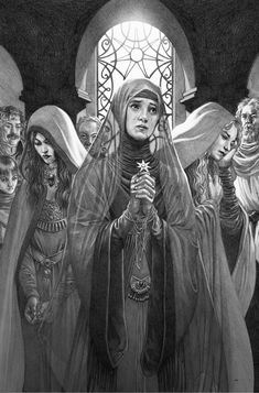 a black and white drawing of a woman holding a star in front of other women