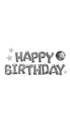 the words happy birthday are in silver foil and have stars on it, with an image of