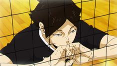 an anime character leaning on the net with his hand to his face