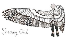 a drawing of a bird with wings spread out and the words snow owl written below it
