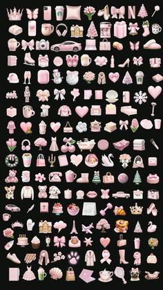 a large collection of pink and white items on a black background, all in different shapes and sizes