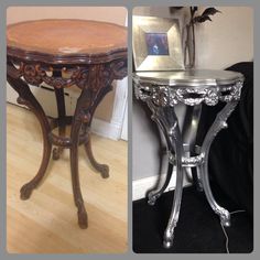 two pictures of an ornate table and one with a mirror on it's top