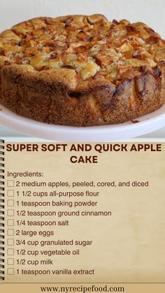 A fluffy and moist apple cake bursting with juicy apple pieces and warm spices, ready in no time for a comforting treat.  Preparation:  In a bowl, whisk together flour, baking powder, cinnamon, and salt. In another bowl, beat eggs and sugar until creamy, then mix in oil, milk, and vanilla extract. Gradually fold the dry ingredients into the wet mixture until just combined. Fold in the diced apples. Pour the batter into a greased cake pan and bake at 175°C (350°F) for 35–40 minutes, or until a toothpick inserted comes out clean. Cool before slicing. #AppleCake #QuickDesserts #SoftAndMoist #ComfortBakes #EasyRecipes Moist Apple Cake Recipe Easy, Apple Cakes Easy, Moist Apple Cake Recipe, Apple Cake Easy Quick, Apple Cake Recipe Easy Baking, Quick Apple Cake Easy Recipes, Super Easy Apple Cake Recipe, Soft Apple Cake Recipe, 2-ingredient Apple Cake