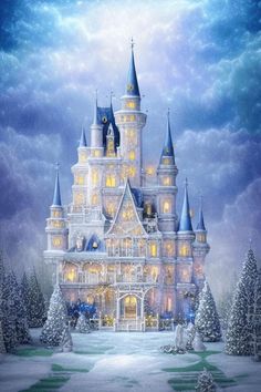 a painting of a castle lit up at night with snow on the ground and trees