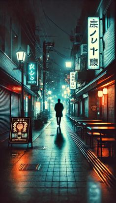 a man walking down a street at night