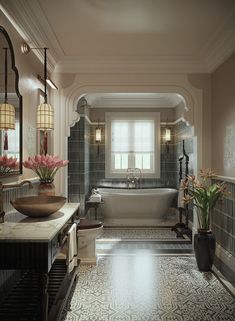 a bath room with a tub and a sink