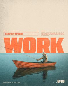 a man in a boat with a fishing rod on the water, and an orange work sign behind him
