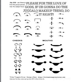 a poster with different types of eyes and mouth shapes in black ink on white paper