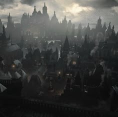 an aerial view of a city with tall buildings and lots of dark clouds in the sky