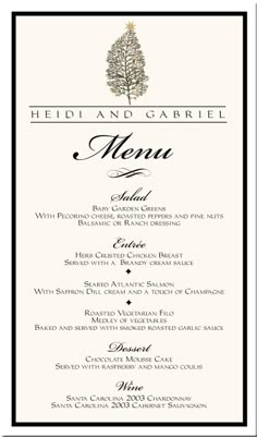 a menu with a christmas tree on the front and bottom, in black and white
