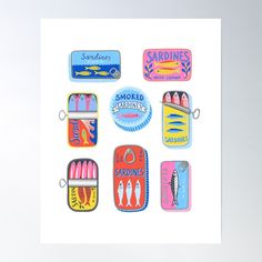 there are many different colored magnets on this page, including one that says sardines and the other saying smokiers