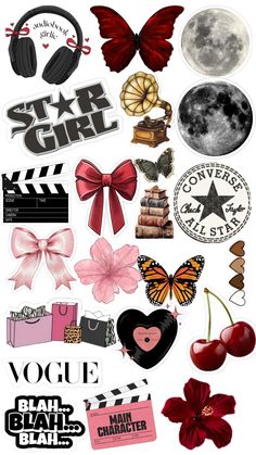 various stickers and decals are arranged in the shape of stars, moon, and hearts