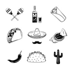 black and white mexican food icons set with chili, beer, sombrero, taco