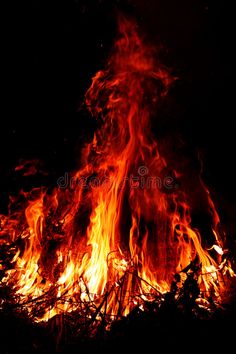 the fire is burning in the dark with bright orange flames and black background royalty photo