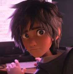 an animated character with black hair and big eyes