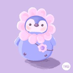 a cartoon penguin with a pink flower on its neck and eyes, standing in front of a purple background