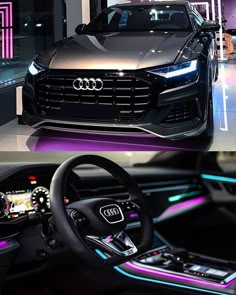 the inside and outside of an audi car with neon lights on it's dashboard