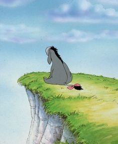 a cartoon character sitting on the edge of a cliff looking at an animal that is eating grass