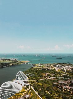an aerial view of the gardens by the bay with boats on the water in the distance