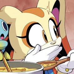two cartoon characters are eating food out of a bowl and one is holding a spoon