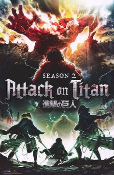 the poster for season 2 of attack on titan, featuring two men in armor and one man