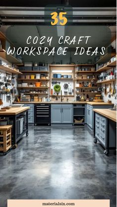 Craft workspace with organized shelves and tools, featuring wooden countertops and ample storage.