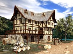 this is an artist's rendering of a house in the woods with barrels outside