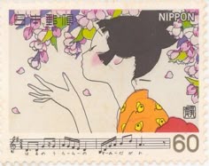 a postage stamp with an image of a woman and music notes on the front side